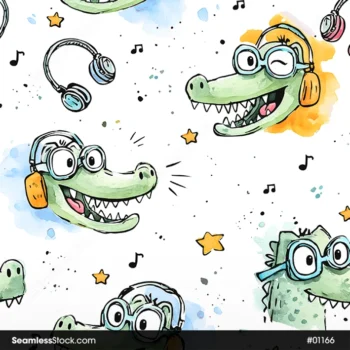 Watercolor Alligators On Headphones Seamless Pattern
