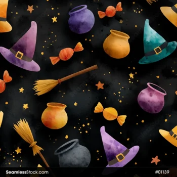 Witch Hats And Brooms Seamless Pattern
