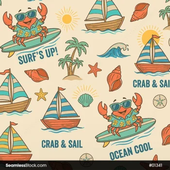 Crabs And Boats Seamless Pattern