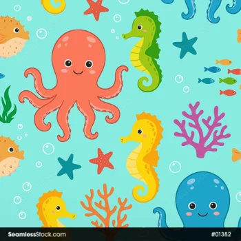Cute Deep Sea Animals Seamless Pattern