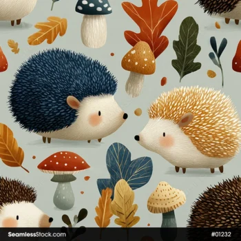 Hedgehogs With Mushrooms Seamless Pattern