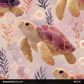 Sea Turtles And Algaes Seamless Pattern