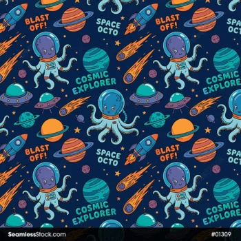Space Octopuses Seamless Pattern