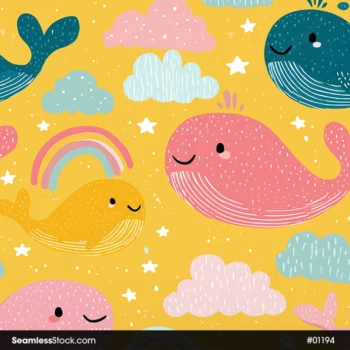 Whales and Clouds Illustation Seamless Pattern
