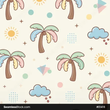 Coconut Trees And Clouds Seamless Pattern