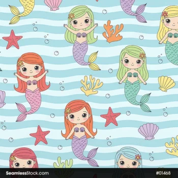 Mermaids On Wavy Background Seamless Pattern