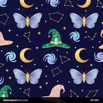 Witch Hats And Butterflies Seamless Pattern