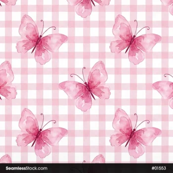 Pink Butterflies On Plaid Background Seamless Pattern For Girls